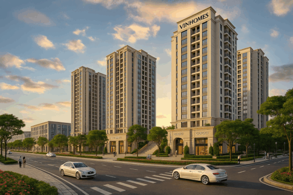 Khu đô thị Vinhomes hiện đại với các tòa tháp cao tầng và tuyến phố sầm uất tại Bắc Ninh.